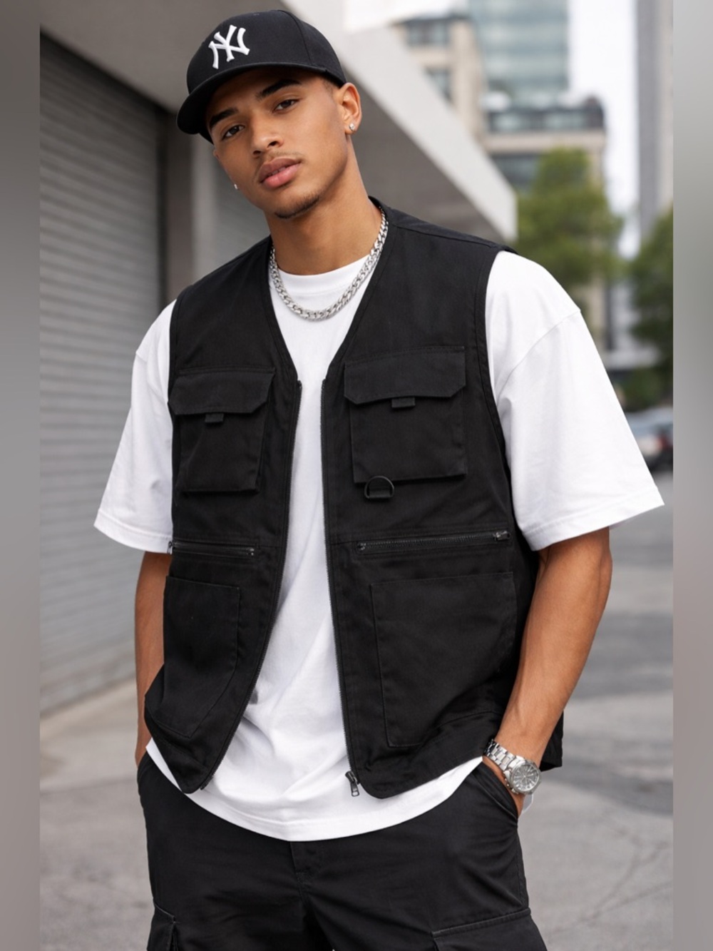 H&M Black Multifunction Utility Vest with Front Pockets